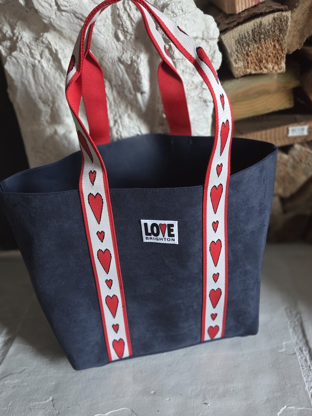 Brighton Navy Tote Bag with Red Heart Straps